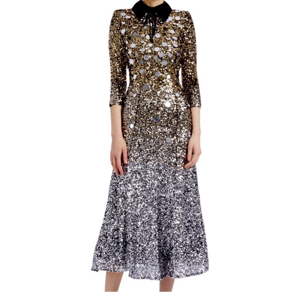 $650•Badgley Mischka•Gold & Silver Sequin Ombre Collared Dress•NEW! - Picture 8 of 17